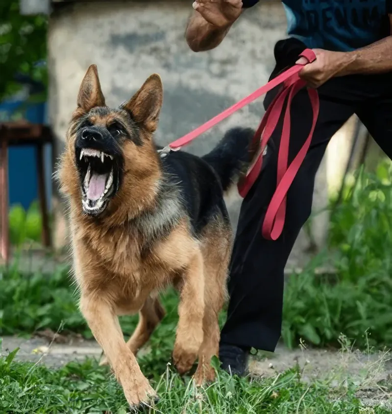A reactive German Shepherd barking and lunging on a leash during a walk